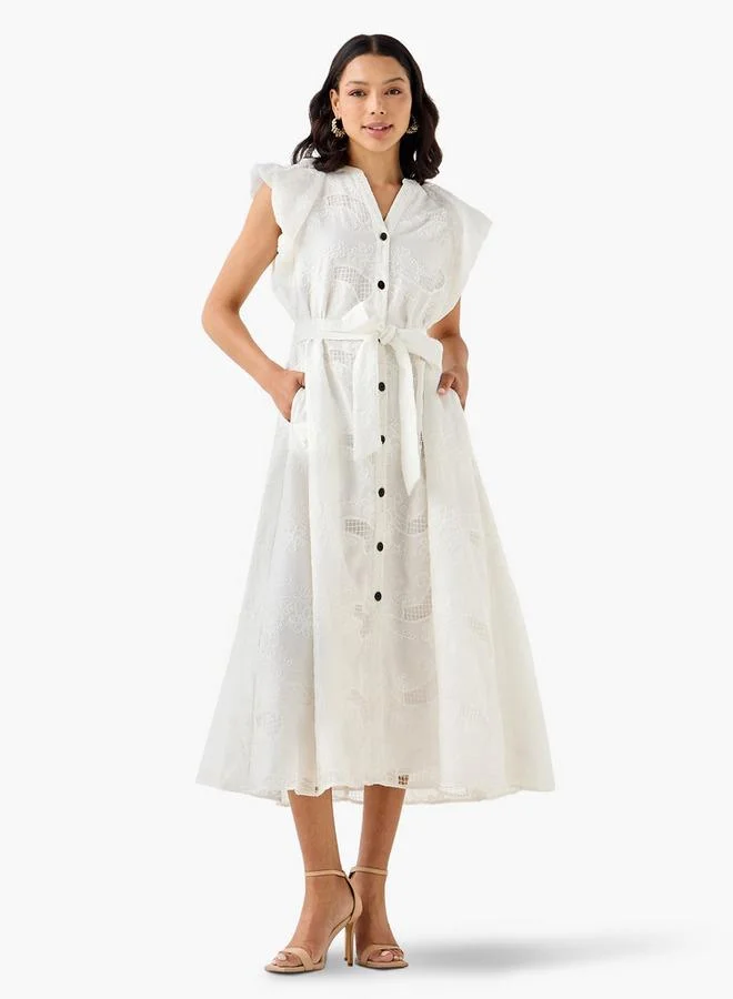 ايكونيك Iconic Embroidered A-line Women Dress with Tie-Up Belt